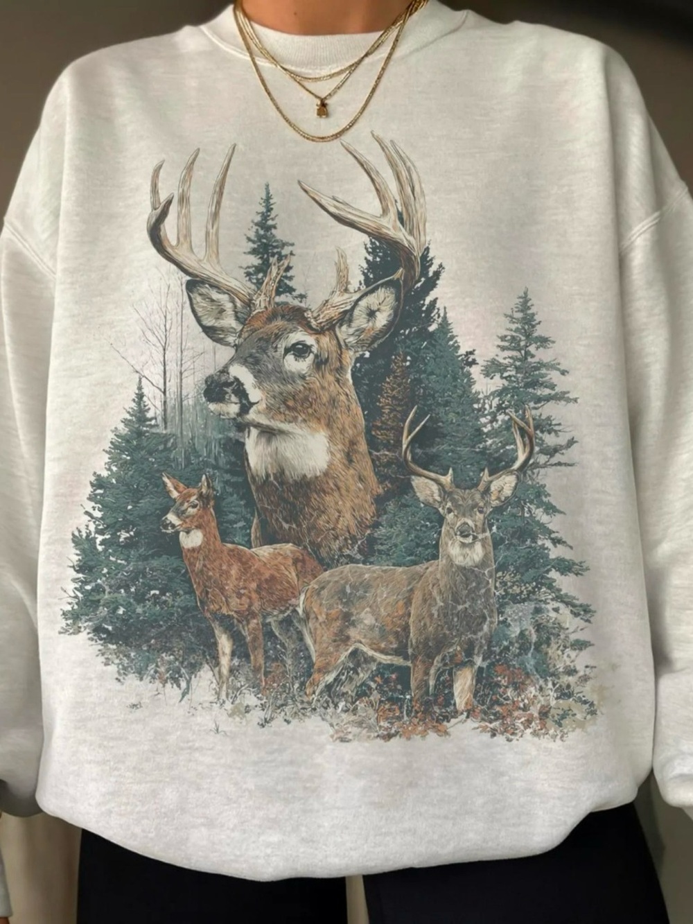 Gildan Grey Sweatshirt with Brown Deer and Green Pine Forest Graphic